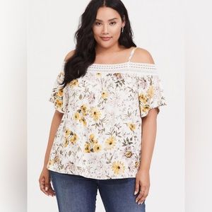 Ivory & Yellow Floral Stretch Challis Cold Shoulder Crochet Top